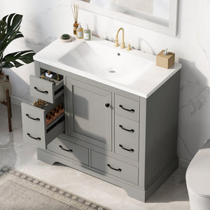English Elm 36" Modern Bathroom Vanity with Ceramic Sink, Six Drawers, Adjustable Shelf, Solid Wood Build Grey SY999808AAE-6