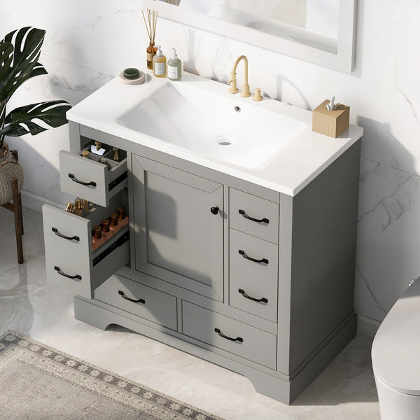English Elm 36" Modern Bathroom Vanity with Ceramic Sink, Six Drawers, Adjustable Shelf, Solid Wood Build Grey SY999808AAE-6