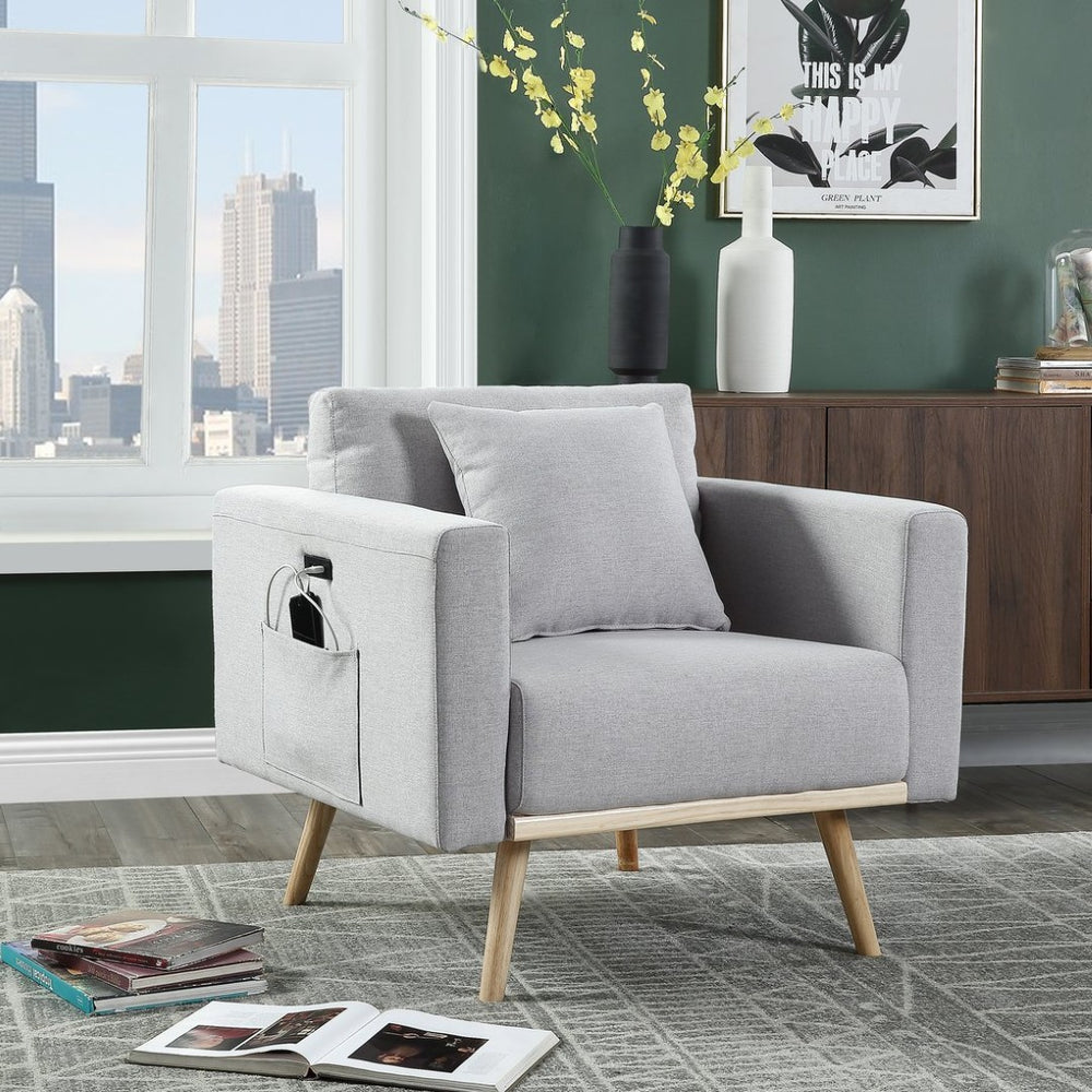 English Elm Easton Linen Accent Chair with Usb Port Side Pockets and Solid Wood Legs B061P435318