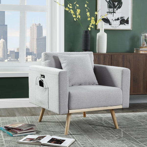 English Elm Easton Linen Accent Chair with Usb Port Side Pockets and Solid Wood Legs B061P435318