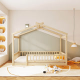 Hearth and Haven Full Size Wood Bed House Bed Frame with Fence, For Kids, Teens, Girls, Boys, Natural WF302177AAN