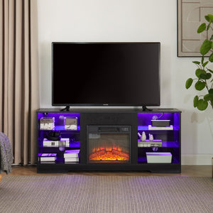 English Elm TV 58" Electric Fireplace TV Stand with 3D Realistic Flame, LED Lights, USB & AC Power Strip, Modern Media Console Black W2275P149867