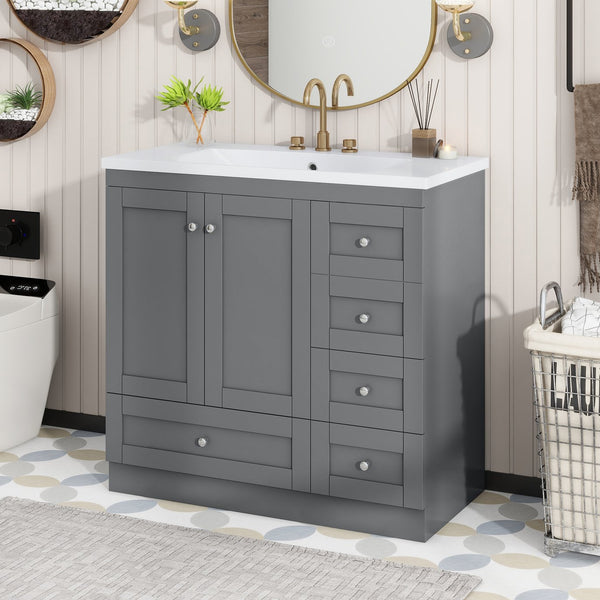 English Elm 36 Inch Shaker Style Free-Standing Bathroom Vanity Cabinet with Resin Sink, Soft-Close Storage Elegance Gray SV000021AAE