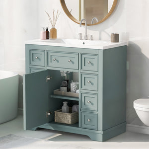 English Elm 36" Bathroom Vanity With Sink Combo, One Cabinet and Six Drawers, Solid Wood and Mdf Board, Green