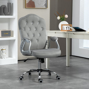 English Elm Vinsetto Home Office Chair, Velvet Computer Chair, Button Tufted Desk Chair With Swivel Wheels, Adjustable Height, and Tilt Function, Light Gray