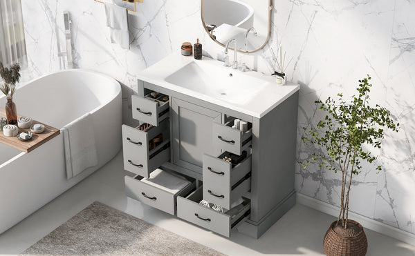 English Elm 36" Modern Bathroom Vanity with Ceramic Sink, Six Drawers, Adjustable Shelf, Solid Wood Build Grey SY999808AAE-6