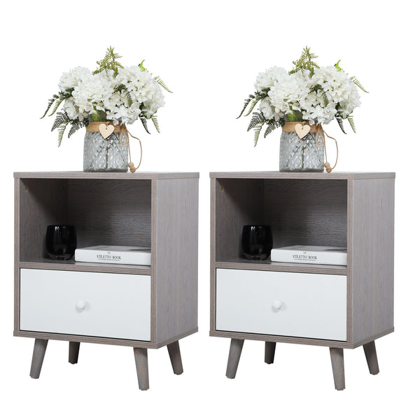 English Elm Set Sleek Two-Drawer Bedside Tables with Solid Wood Legs, Compact 16x12x28 in Storage for Bedroom Gray W2181P144002