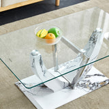 English Elm Modern Minimalist Transparent Tempered Glass Coffee Table With Marble Patterned Mdf Legs and Stainless Steel Decorative Columns. Computer Desk. Game Table. Ct-907