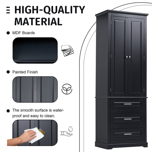 English Elm Tall Tall Storage Cabinet with Three Drawers and Doors for Bathroom or Office, Slim MDF Organizer Black WF299282AAB