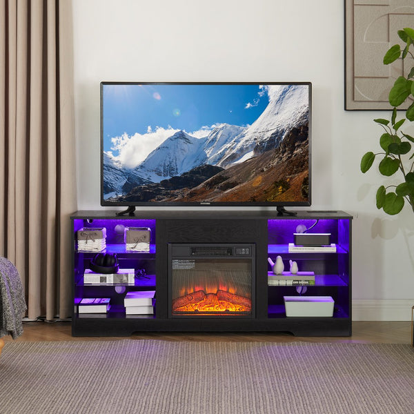 English Elm TV 58" Electric Fireplace TV Stand with 3D Realistic Flame, LED Lights, USB & AC Power Strip, Modern Media Console Black W2275P149867