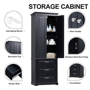 English Elm Tall Tall Storage Cabinet with Three Drawers and Doors for Bathroom or Office, Slim MDF Organizer Black WF299282AAB