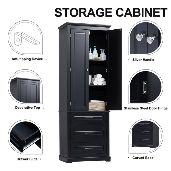 English Elm Tall Tall Storage Cabinet with Three Drawers and Doors for Bathroom or Office, Slim MDF Organizer Black WF299282AAB