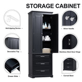 English Elm Tall Storage Cabinet With Three Drawers For Bathroom/Office, Black