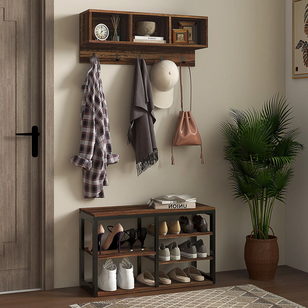 English Elm HOMCOM Entryway Coat Rack Bench with 5 Hooks and 10-Shoe Storage, Sturdy 286 lb Seat, Brown W2225P157930