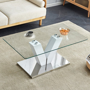 English Elm Modern Minimalist Coffee Table. Transparent Tempered Glass Tabletop With Silver Mdf Pillars. Suitable For Living Room and Dining Room