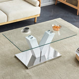 Modern Glass Coffee Table with Silver MDF Pillars, Stainless Steel Base | Durable, Easy-Clean, Easy Assembly | 43.30 x 23.60 x 17.30