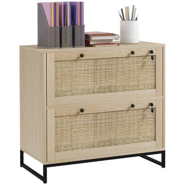 English Elm Vinsetto Stylish 2 Drawer File Cabinet With Lock, Rattan Fronts & Adjustable Bars For Organized Storage W2225P157921-GIGA