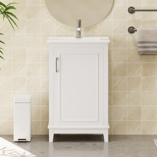 English Elm 20 Inch Modern Small Bathroom Vanity Cabinet with Ceramic Basin, Soft-Close Door & Storage White WF318756AAK