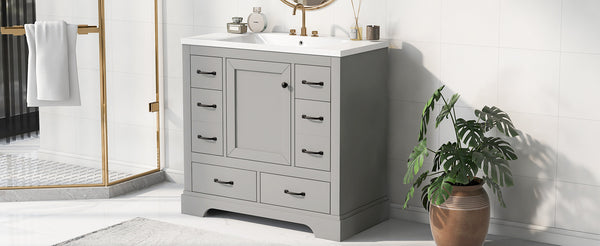 English Elm 36" Modern Bathroom Vanity with Ceramic Sink, Six Drawers, Adjustable Shelf, Solid Wood Build Grey SY999808AAE-6
