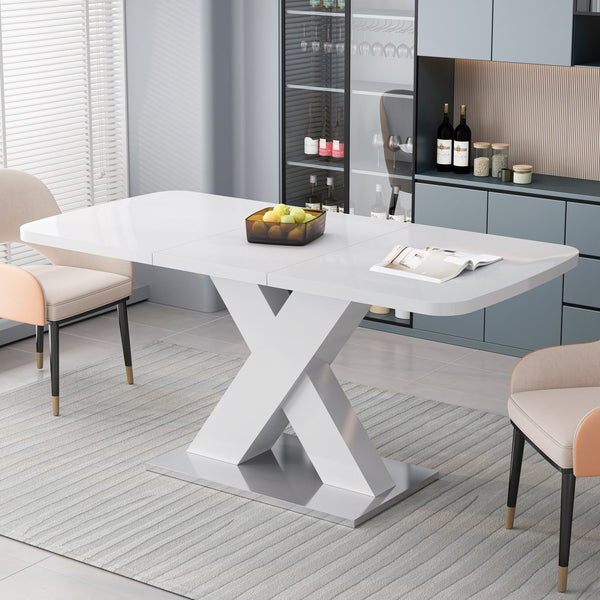 English Elm Modern Rectangle Dining Table Stretchable White MDF Top with X-Shape Steel Legs, Seats 6, 62" Max W757S00019