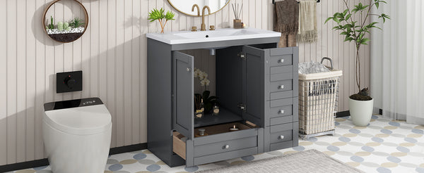 English Elm 36 Inch Shaker Style Free-Standing Bathroom Vanity Cabinet with Resin Sink, Soft-Close Storage Elegance Gray SV000021AAE