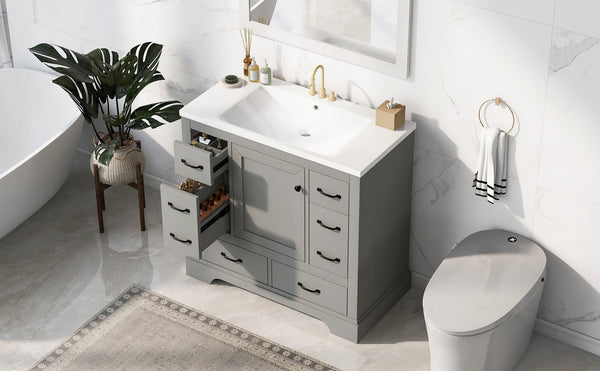 English Elm 36" Modern Bathroom Vanity with Ceramic Sink, Six Drawers, Adjustable Shelf, Solid Wood Build Grey SY999808AAE-6