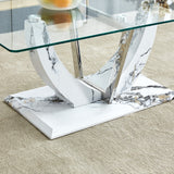 English Elm Modern Minimalist Transparent Tempered Glass Coffee Table With Marble Patterned Mdf Legs and Stainless Steel Decorative Columns. Computer Desk. Game Table. Ct-907