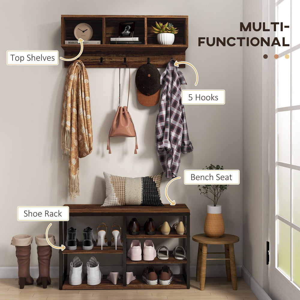 English Elm HOMCOM Entryway Coat Rack Bench with 5 Hooks and 10-Shoe Storage, Sturdy 286 lb Seat, Brown W2225P157930