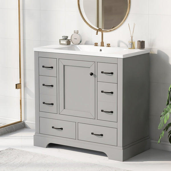 English Elm 36" Modern Bathroom Vanity with Ceramic Sink, Six Drawers, Adjustable Shelf, Solid Wood Build Grey SY999808AAE-6