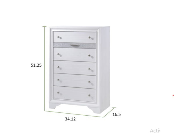 English Elm Matrix Five-Drawer Chest White - Elegant Wood Storage with Silver Knob Pulls, Lamp Top & Charging Space 808857990747
