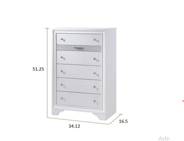 English Elm Traditional Queen Matrix 5-Pc Storage Bedroom Set in White Engineered Wood with Drawers, Mirror & Chest 808857593627
