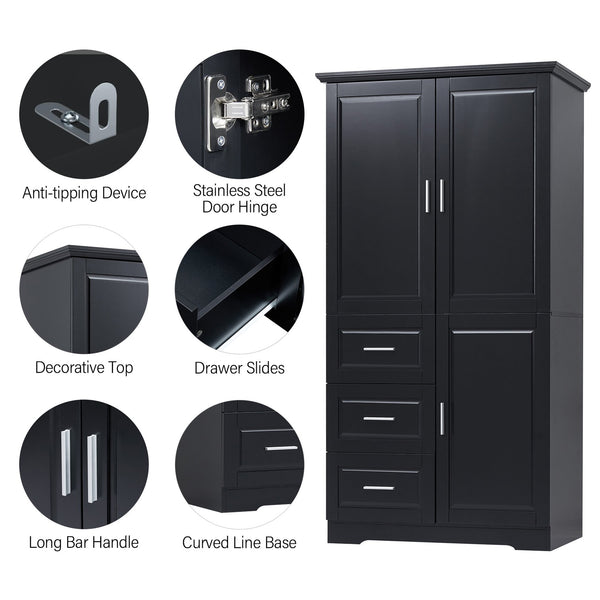 English Elm Tall Narrow Storage Cabinet with Doors and 3 Drawers – Adjustable Shelves, Anti-Tip, 45lb Capacity Black WF299285AAB