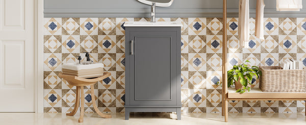 English Elm 20 Inch Modern Small Bathroom Vanity Cabinet with Ceramic Basin, Soft-Close Door & Storage Gray WF318756AAE