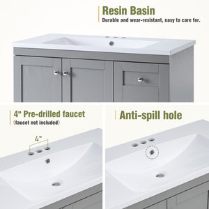 English Elm 36 Inch Shaker Style Free-Standing Bathroom Vanity Cabinet with Resin Sink, Soft-Close Storage Elegance Gray SV000021AAE