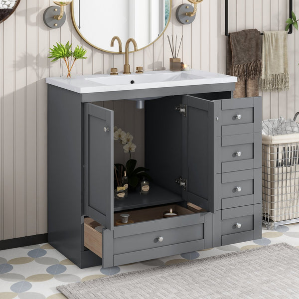 English Elm 36 Inch Shaker Style Free-Standing Bathroom Vanity Cabinet with Resin Sink, Soft-Close Storage Elegance Gray SV000021AAE