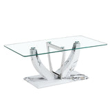 English Elm Modern Minimalist Transparent Tempered Glass Coffee Table With Marble Patterned Mdf Legs and Stainless Steel Decorative Columns. Computer Desk. Game Table. Ct-907