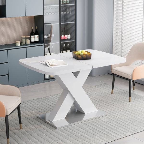 English Elm Modern Rectangle Dining Table Stretchable White MDF Top with X-Shape Steel Legs, Seats 6, 62" Max W757S00019