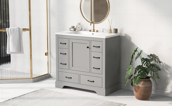 English Elm 36" Modern Bathroom Vanity with Ceramic Sink, Six Drawers, Adjustable Shelf, Solid Wood Build Grey SY999808AAE-6