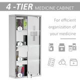 English Elm Kleankin Wall Mounted Medicine Cabinet, Locking Wall Cabinet With 4 Tier Shelves, Stainless Steel Frame and Glass Door, Lockable With 2 Keys, Silver, 12" X 24"