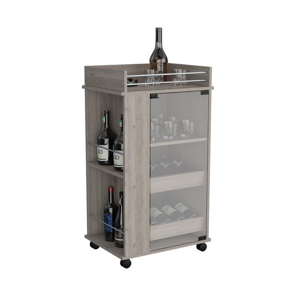English Elm Bar Cart Lansing MLC9922 with Glass Door, Casters & 2 Side Shelves — Modern Gray Engineered Wood Bar Elegance B097120618