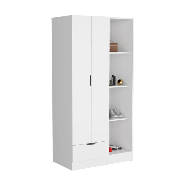 English Elm Memphis Wardrobe Armoire with Double Doors, Built-In Rod, Four Shelves & Spacious Lower Drawer White 40 L x 23 W x 3 H B200S00285