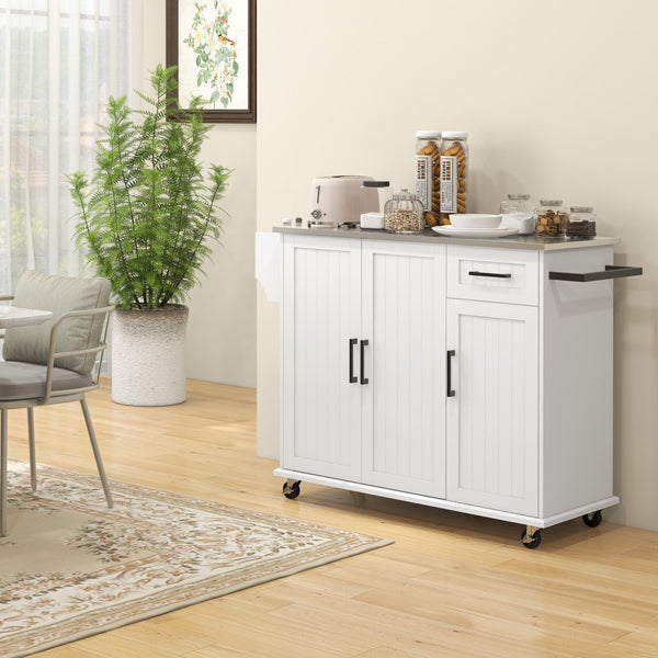 English Elm Homcom Rolling Kitchen Island With Stainless Steel Countertop, Storage, Towel & Spice Rack, White W2225P157908