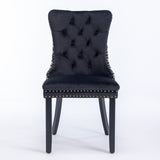 Velvet Dining Chairs, Tufted, Solid Wood Upholstered, Wood Legs, Set of 2, Black & Patterned