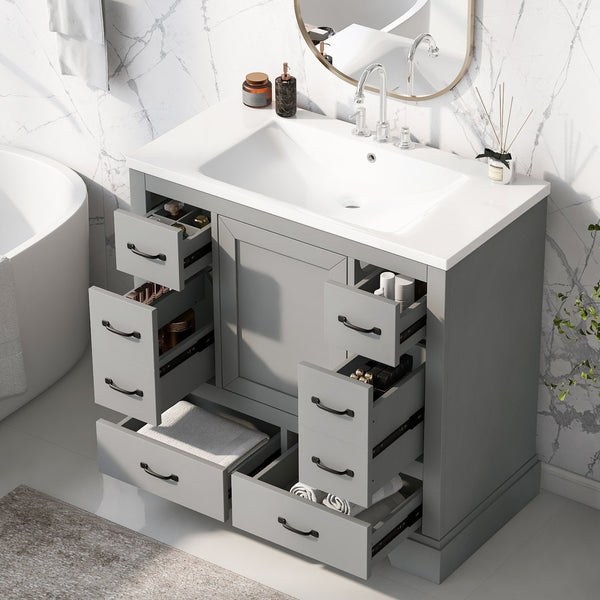 English Elm 36" Modern Bathroom Vanity with Ceramic Sink, Six Drawers, Adjustable Shelf, Solid Wood Build Grey SY999808AAE-6