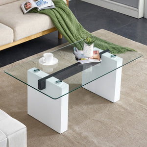 English Elm Modern Minimalist Transparent Tempered Glass Coffee Table , Paired With White Mdf Decorative Columns. Computer Desk. Game Table. Ct-1546