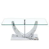 English Elm Modern Minimalist Transparent Tempered Glass Coffee Table With Marble Patterned Mdf Legs and Stainless Steel Decorative Columns. Computer Desk. Game Table. Ct-907