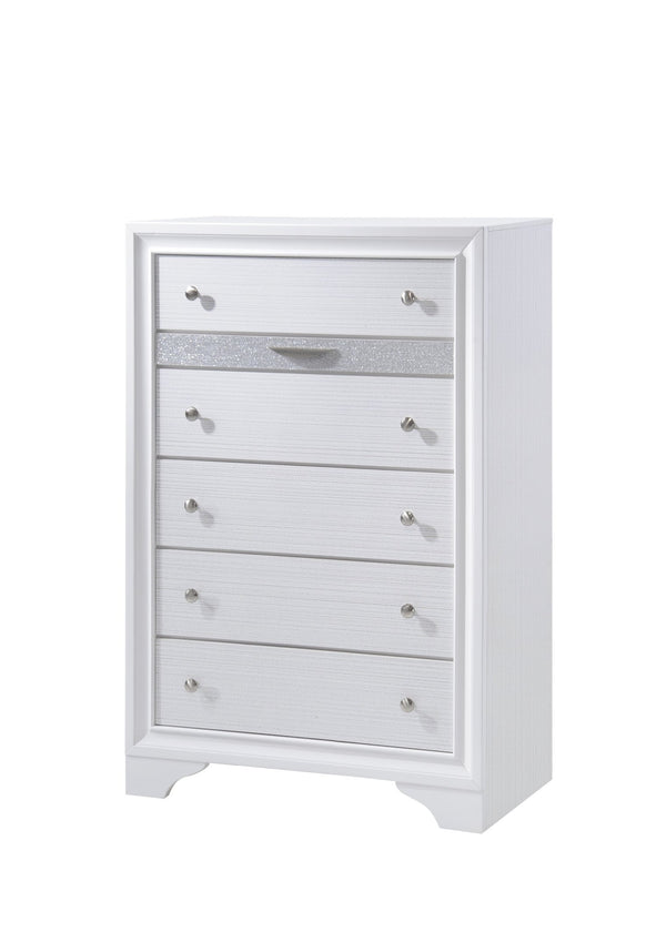 English Elm Matrix Five-Drawer Chest White - Elegant Wood Storage with Silver Knob Pulls, Lamp Top & Charging Space 808857990747