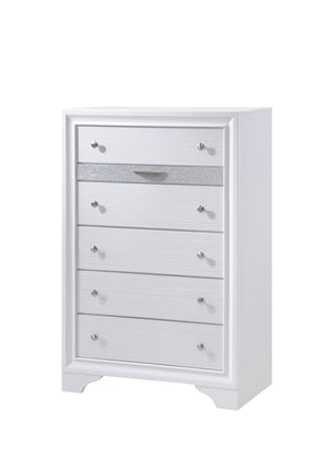 English Elm Traditional Queen Matrix 5-Pc Storage Bedroom Set in White Engineered Wood with Drawers, Mirror & Chest 808857593627