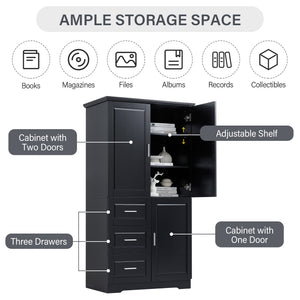 English Elm Tall Narrow Storage Cabinet with Doors and 3 Drawers – Adjustable Shelves, Anti-Tip, 45lb Capacity Black WF299285AAB