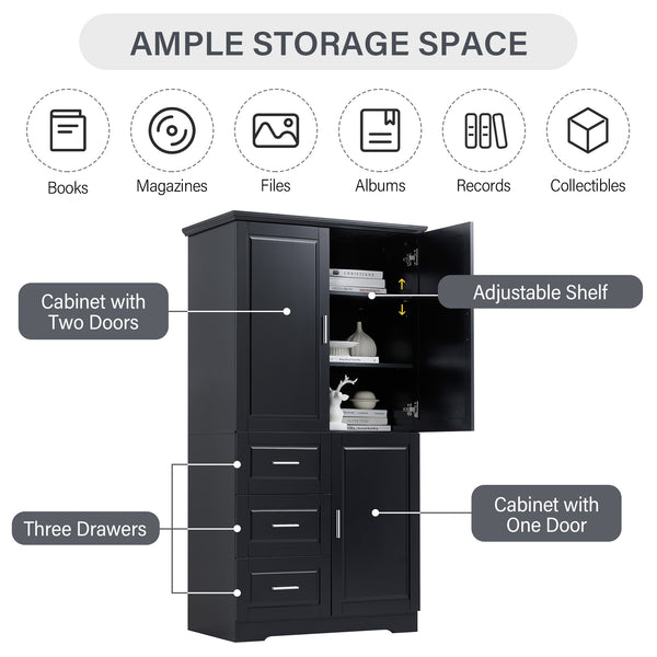 English Elm Tall Narrow Storage Cabinet with Doors and 3 Drawers – Adjustable Shelves, Anti-Tip, 45lb Capacity Black WF299285AAB